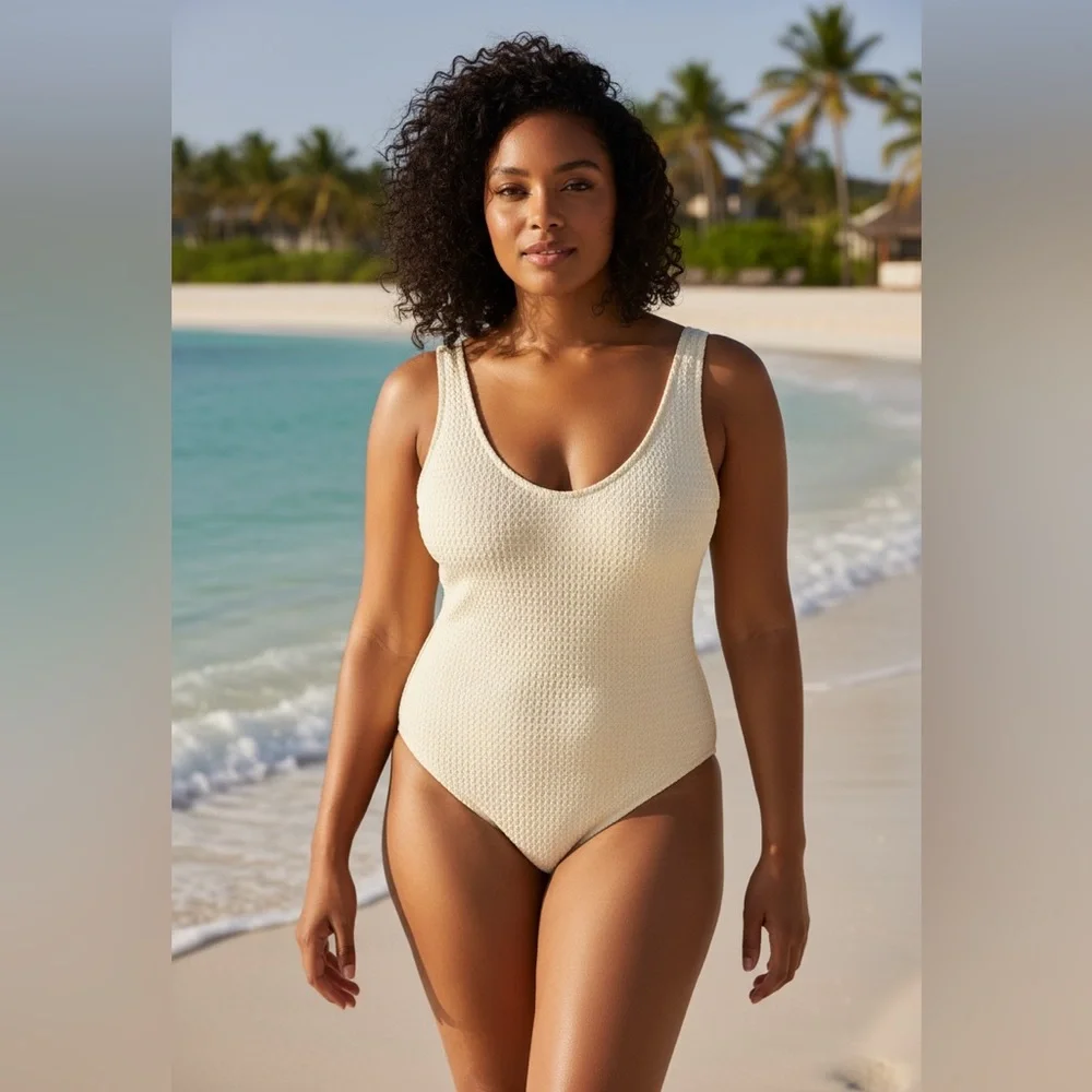 Swimwear Cream Waffle Weave One‎ Piece SZ 1X Women High Leg Bathing Suit Padded